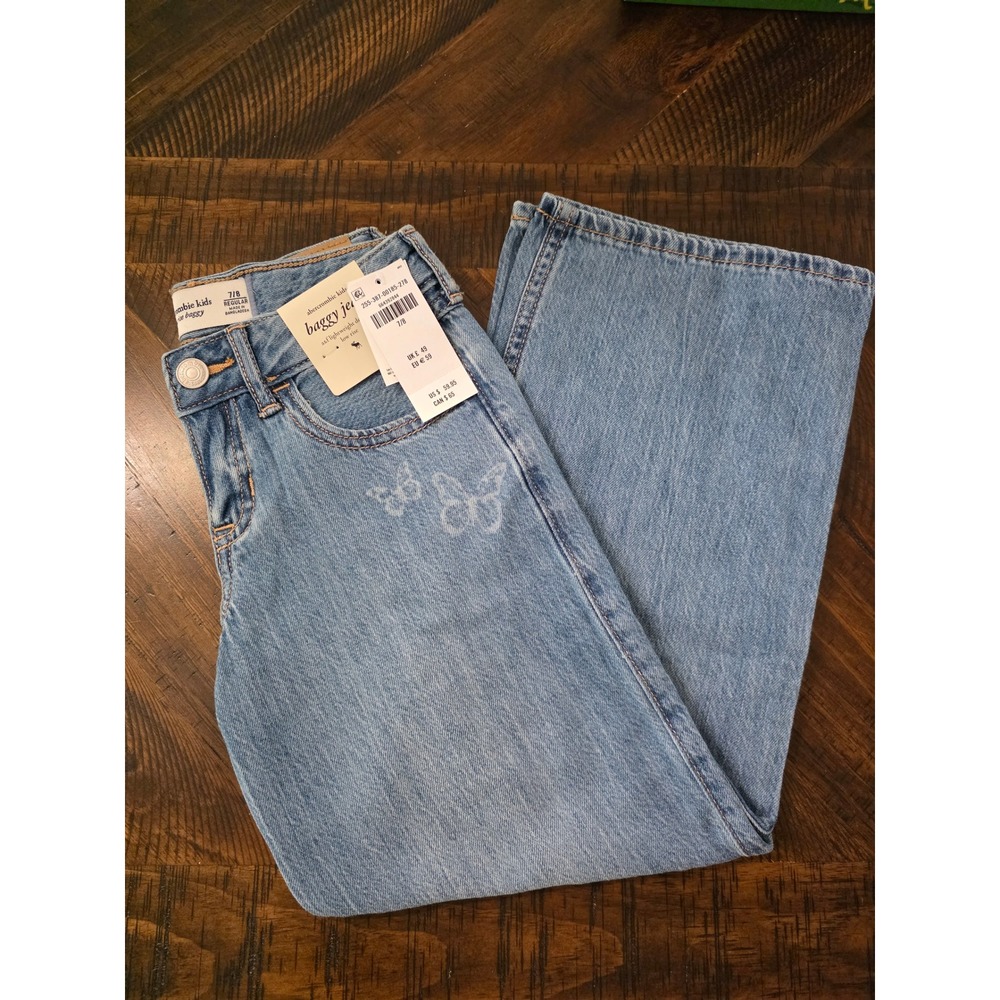 Abercrombie Kids Low Rise Baggy Jeans Light Wash Butterfly Print Size 7/8 NWT